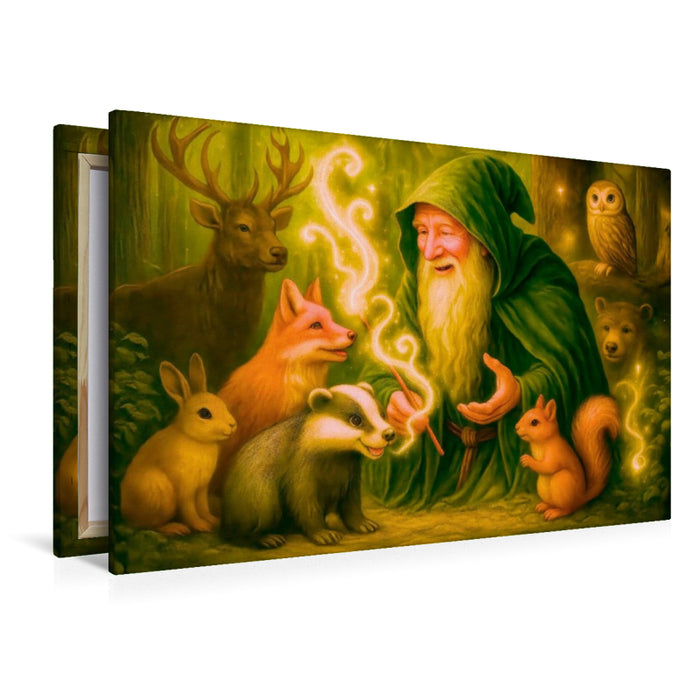 Premium Textil-Leinwand Magier im Einklang mit den Tieren des Waldes