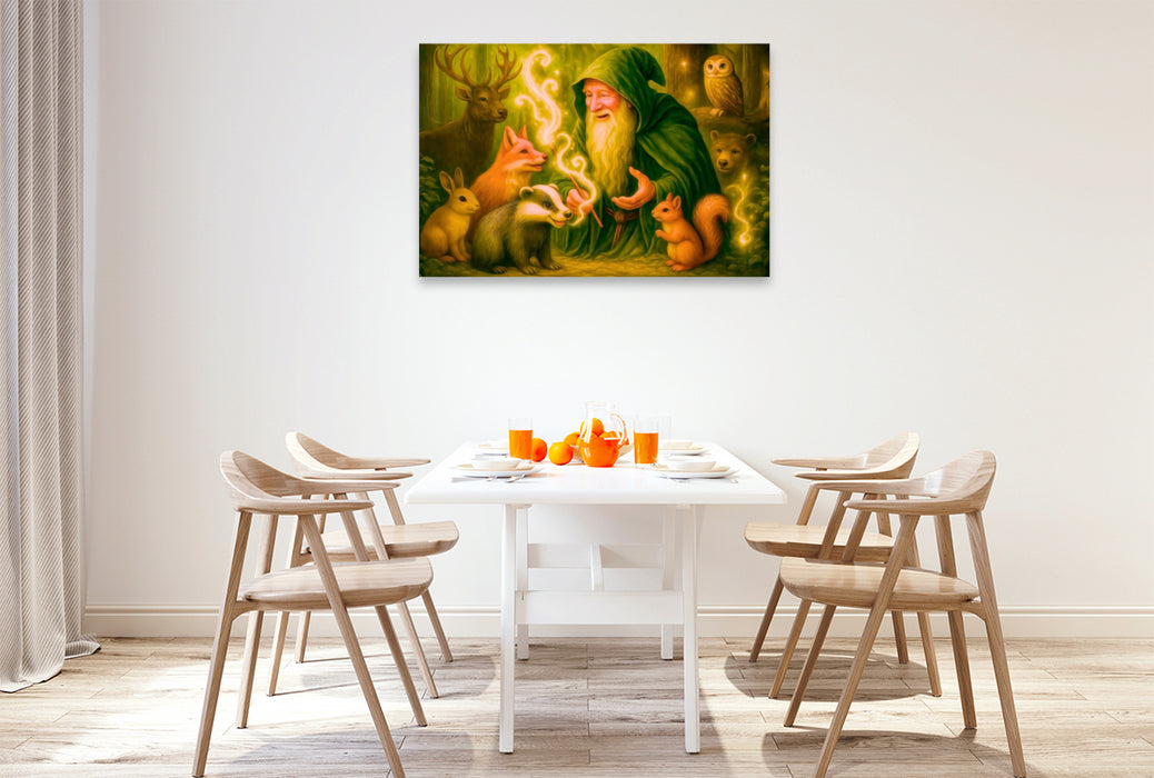 Premium Textil-Leinwand Magier im Einklang mit den Tieren des Waldes