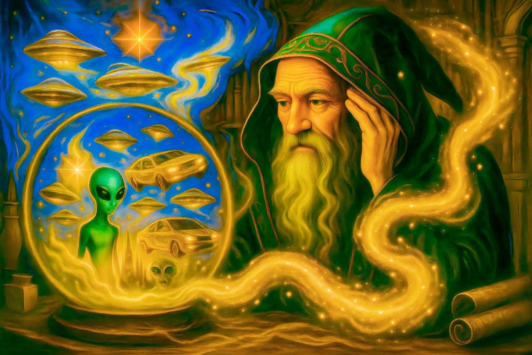 Premium Textil-Leinwand Zauberer erkennt in Kristallkugel kommende Zukunftsbilder