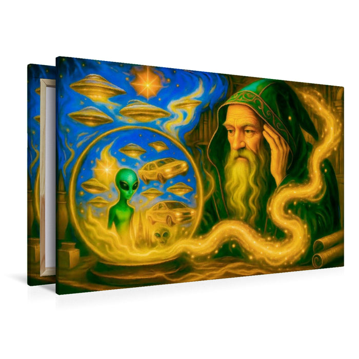 Premium Textil-Leinwand Zauberer erkennt in Kristallkugel kommende Zukunftsbilder