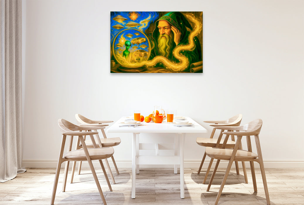 Premium Textil-Leinwand Zauberer erkennt in Kristallkugel kommende Zukunftsbilder