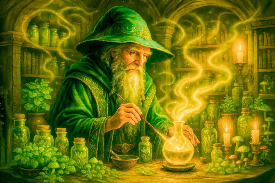 Premium Textil-Leinwand Zauberer mischt uralten Trank mit magischen Kräutern