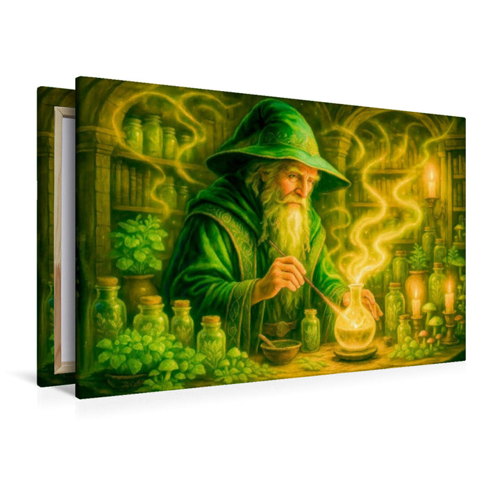 Premium Textil-Leinwand Zauberer mischt uralten Trank mit magischen Kräutern