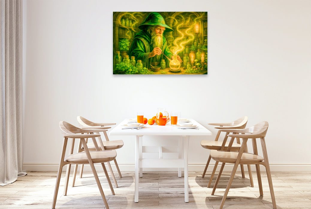 Premium Textil-Leinwand Zauberer mischt uralten Trank mit magischen Kräutern