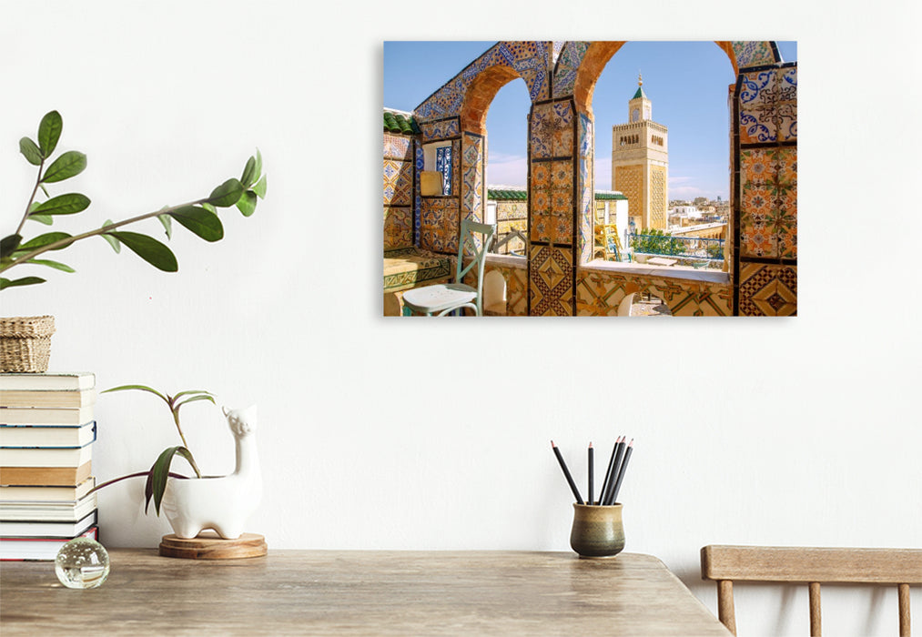Premium Textil-Leinwand Café Panoramique und Große Moschee in Tunis
