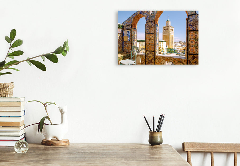Premium Textil-Leinwand Café Panoramique und Große Moschee in Tunis