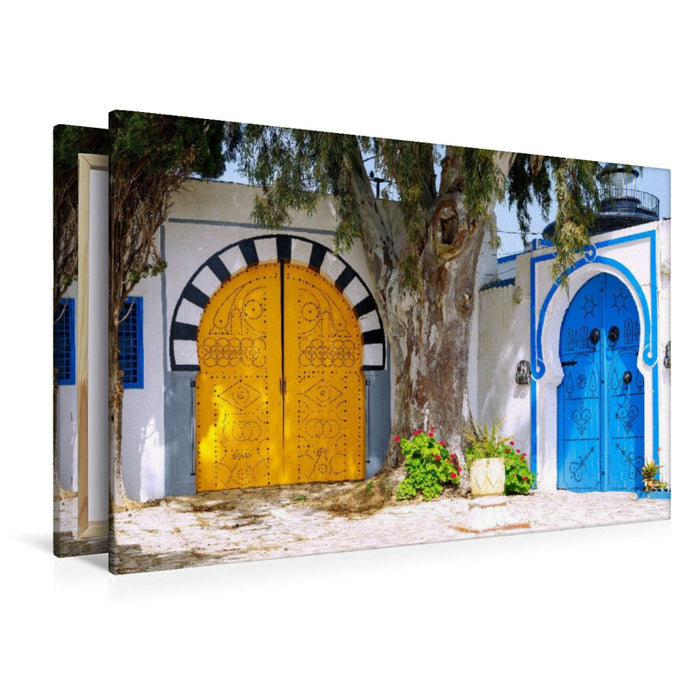 Premium Textil-Leinwand gelbe und blaue Holztüren in der Medina von Sidi Bou Said