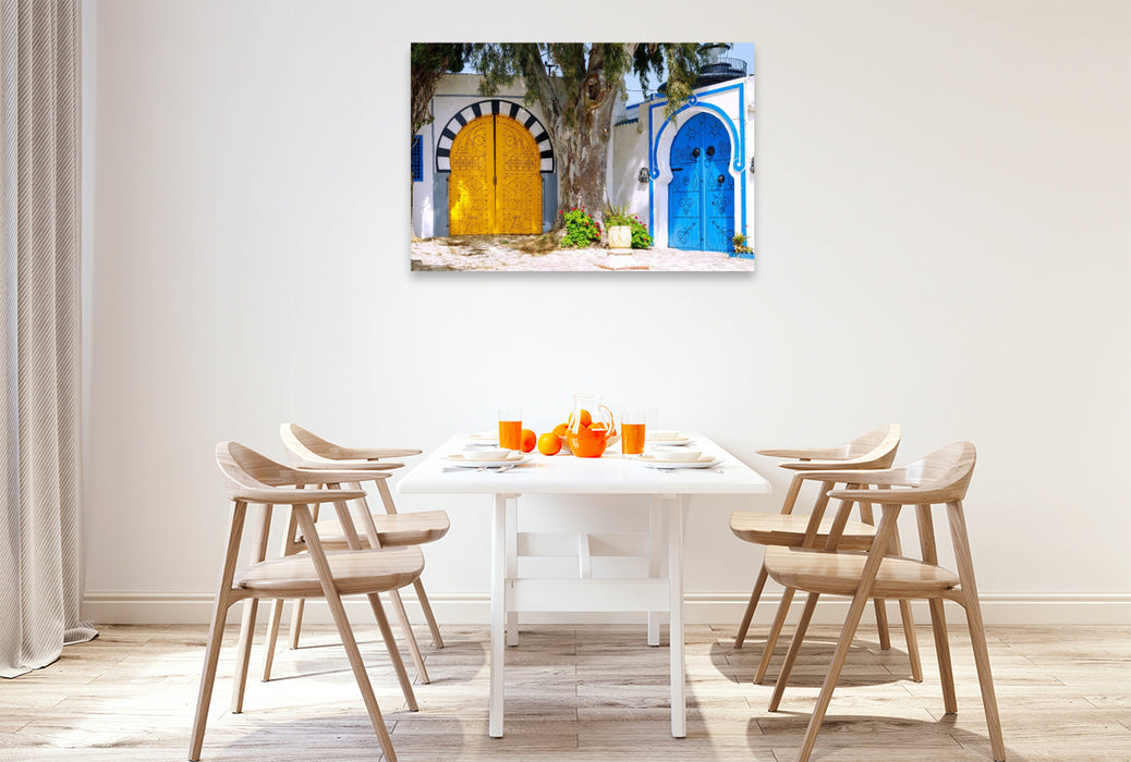 Premium Textil-Leinwand gelbe und blaue Holztüren in der Medina von Sidi Bou Said