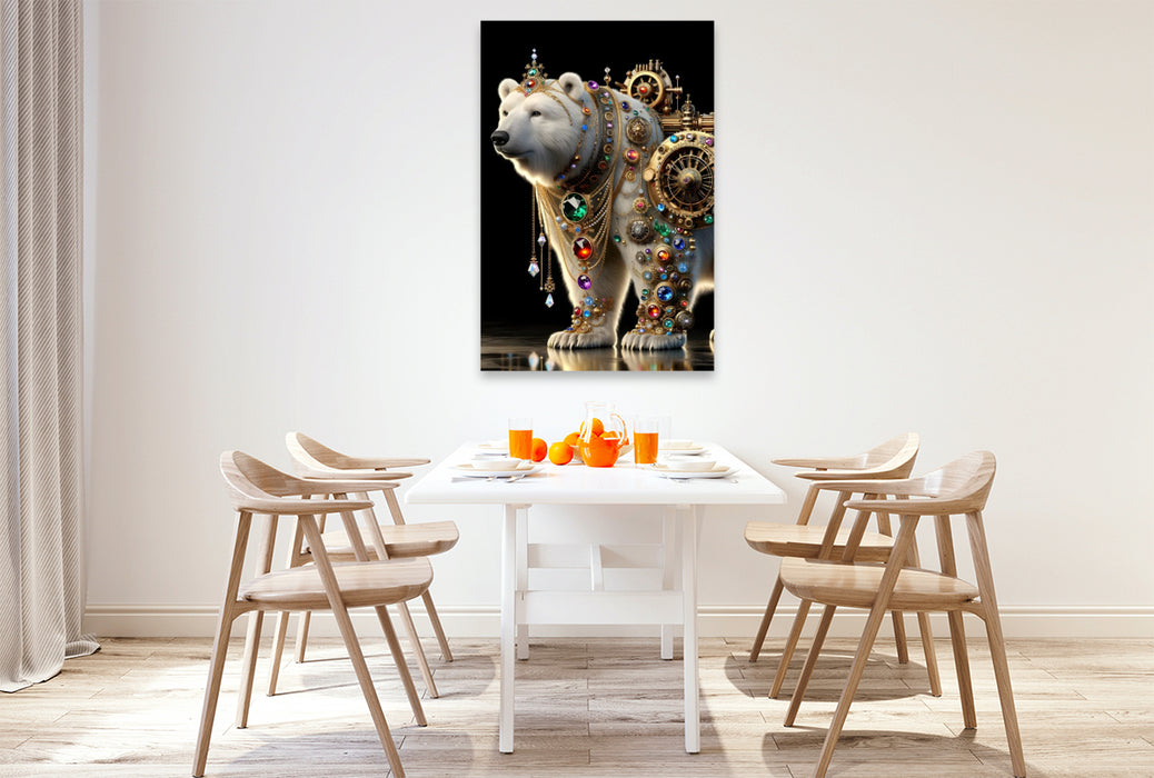 Premium Textil-Leinwand Eisbärenmagie
Krafttier Eisbär – Die Kraft des Nordlichts