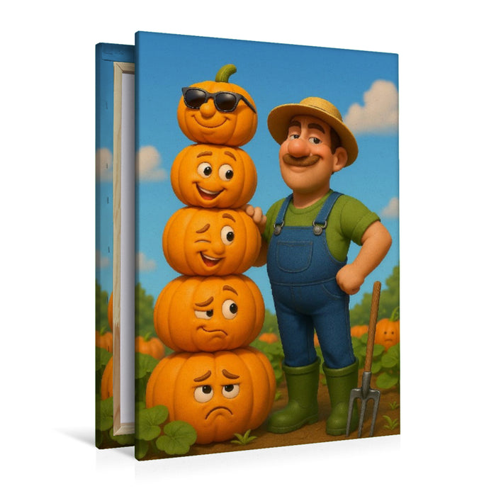 Premium Textil-Leinwand Kürbisstolz - Gärtner mit Kürbis