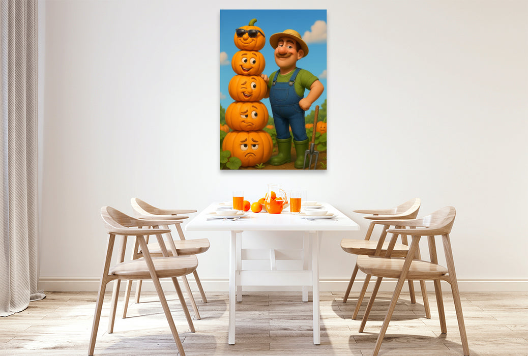 Premium Textil-Leinwand Kürbisstolz - Gärtner mit Kürbis