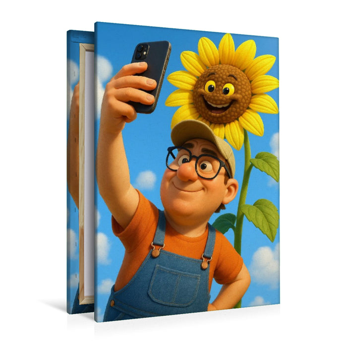 Premium Textil-Leinwand Stolzer Gärtner mit Sonnenblumen Selfie