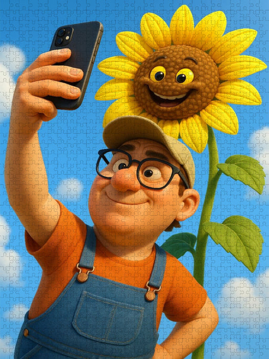 Stolzer Gärtner mit Sonnenblumen Selfie - CALVENDO Foto-Puzzle'