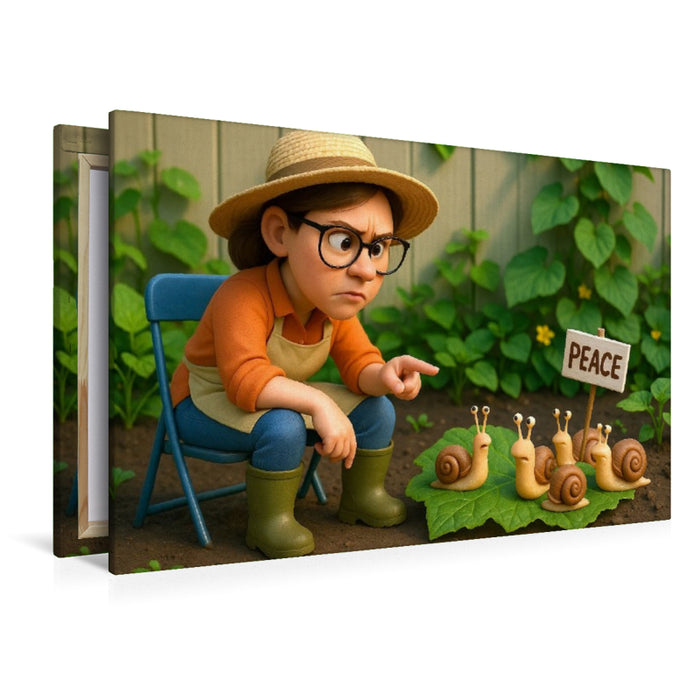 Premium Textil-Leinwand Deutliche Ansprache an die Schnecken im Garten