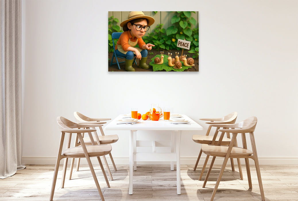 Premium Textil-Leinwand Deutliche Ansprache an die Schnecken im Garten
