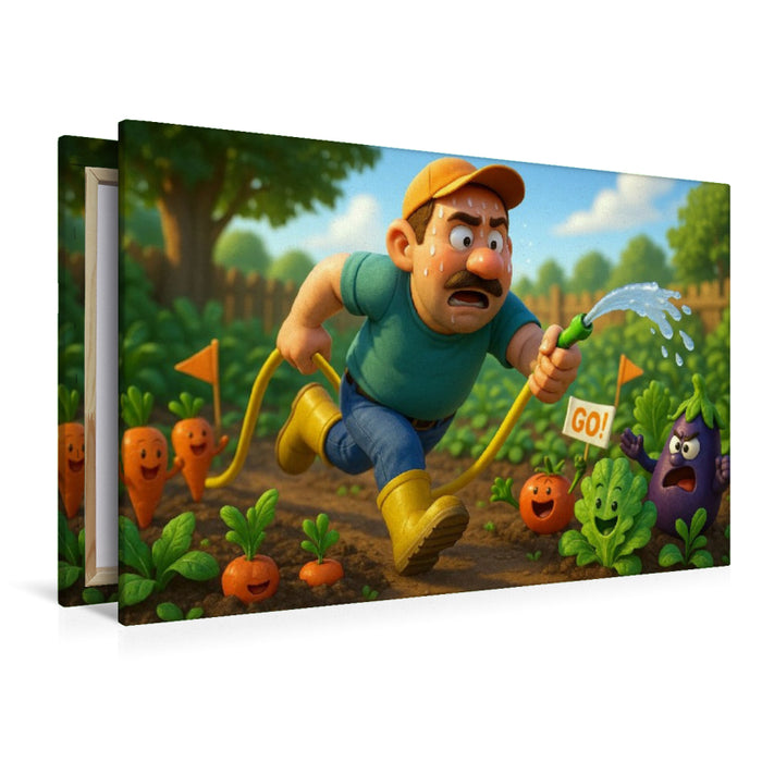 Premium Textil-Leinwand Abendliches Training - Gießen im Garten