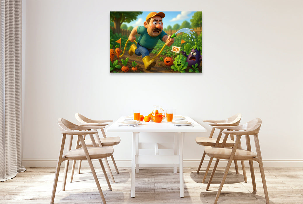 Premium Textil-Leinwand Abendliches Training - Gießen im Garten