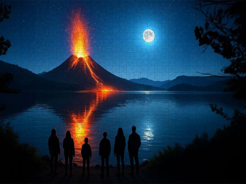 Vulkanausbruch - Beobachter bei Nacht - CALVENDO Foto-Puzzle'