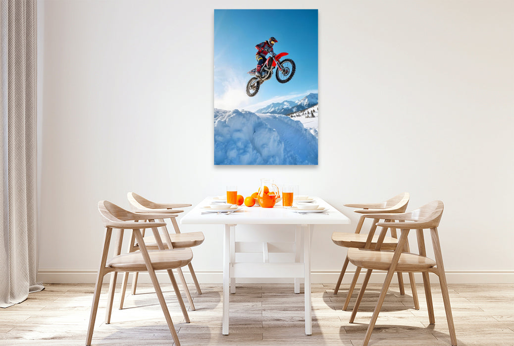 Premium Textil-Leinwand Frozen Flight – Motocross im Schnee