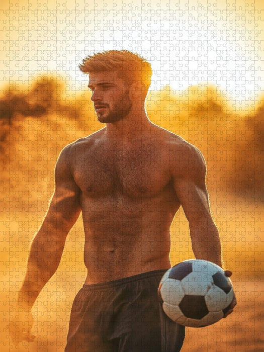 Halbnackter Mann als Fußballspieler im Sonnenlicht - CALVENDO Foto-Puzzle'