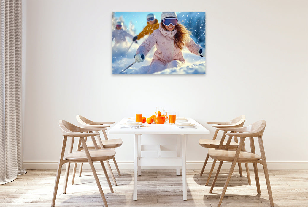 Premium Textil-Leinwand Mit Freunden die Abfahrt genießen