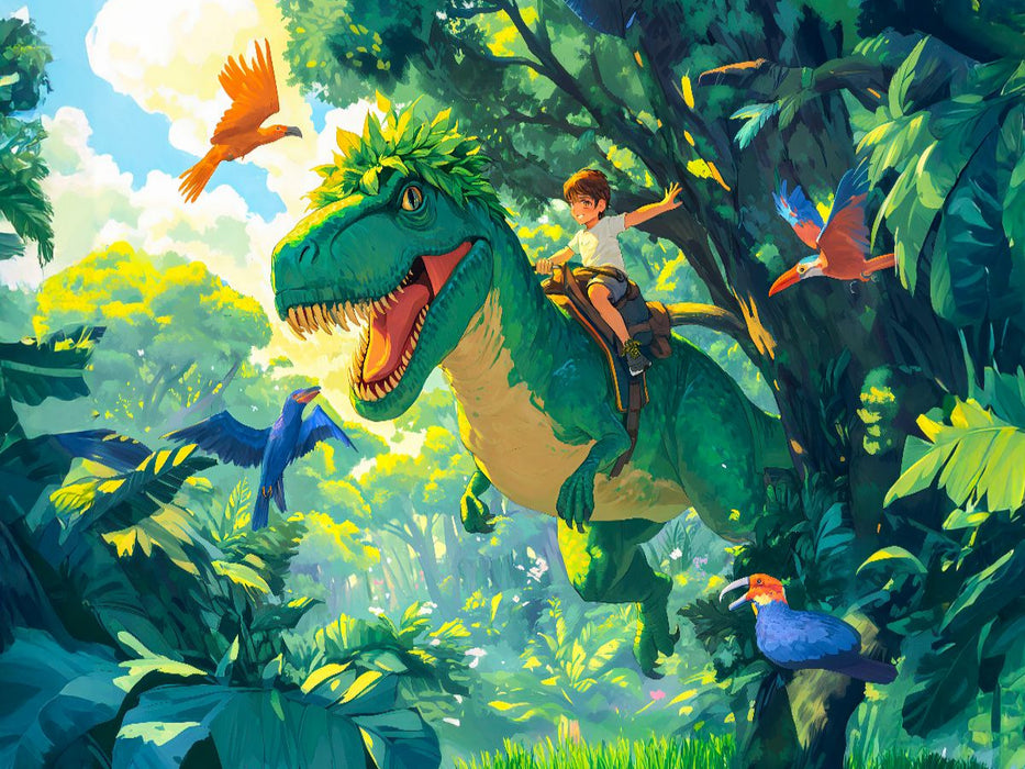 Junge reitet auf T-Rex Dinosaurier durch den Dschungel - CALVENDO Foto-Puzzle'