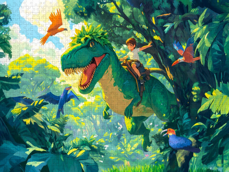 Junge reitet auf T-Rex Dinosaurier durch den Dschungel - CALVENDO Foto-Puzzle'