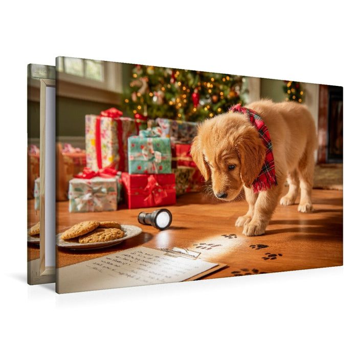 Premium Textil-Leinwand Weihnachtswelpe auf Spurensuche vor dem Christbaum