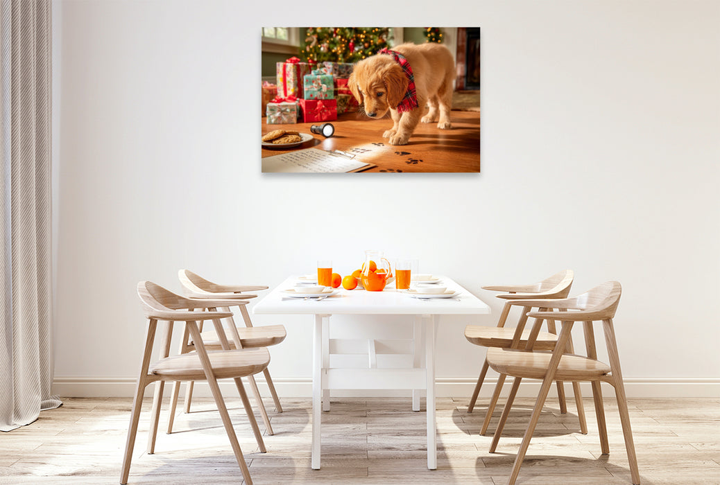 Premium Textil-Leinwand Weihnachtswelpe auf Spurensuche vor dem Christbaum
