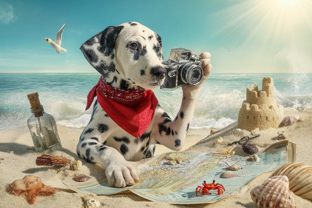 Premium Textil-Leinwand Dalmatiner Hund auf Schatzsuche am Strand mit Karte und Kamera