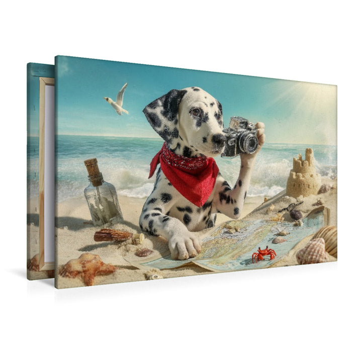 Premium Textil-Leinwand Dalmatiner Hund auf Schatzsuche am Strand mit Karte und Kamera