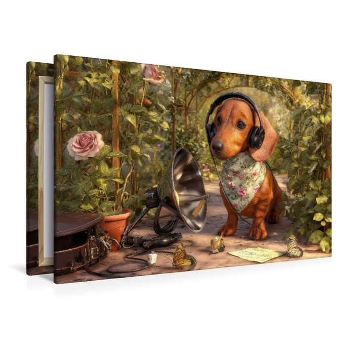Premium Textil-Leinwand Dackel mit Abhöranlage im Rosengarten auf geheimer Mission
