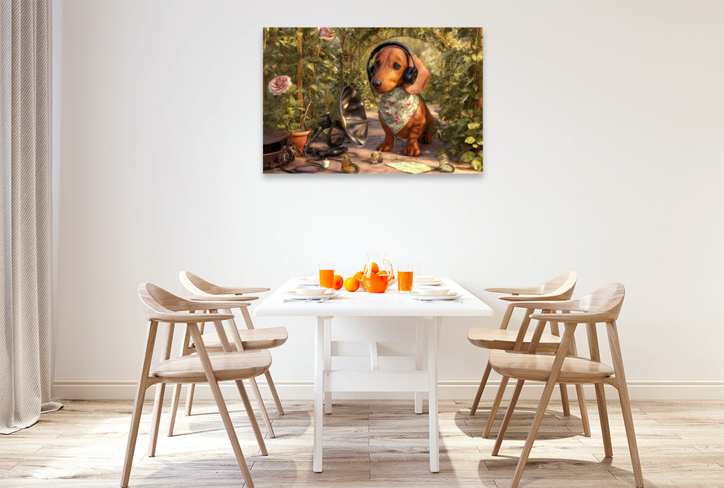 Premium Textil-Leinwand Dackel mit Abhöranlage im Rosengarten auf geheimer Mission