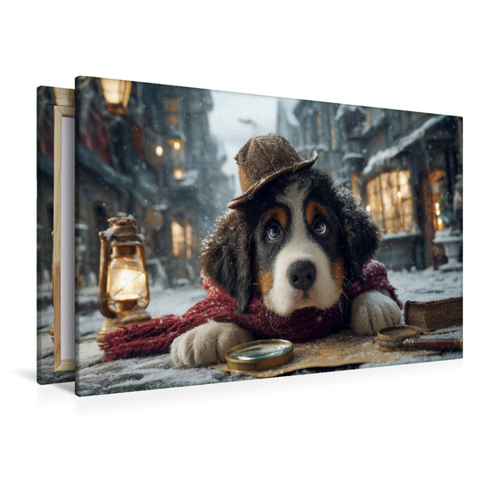 Premium Textil-Leinwand Berner Sennenhund als Detektiv im verschneiten Altstadtviertel