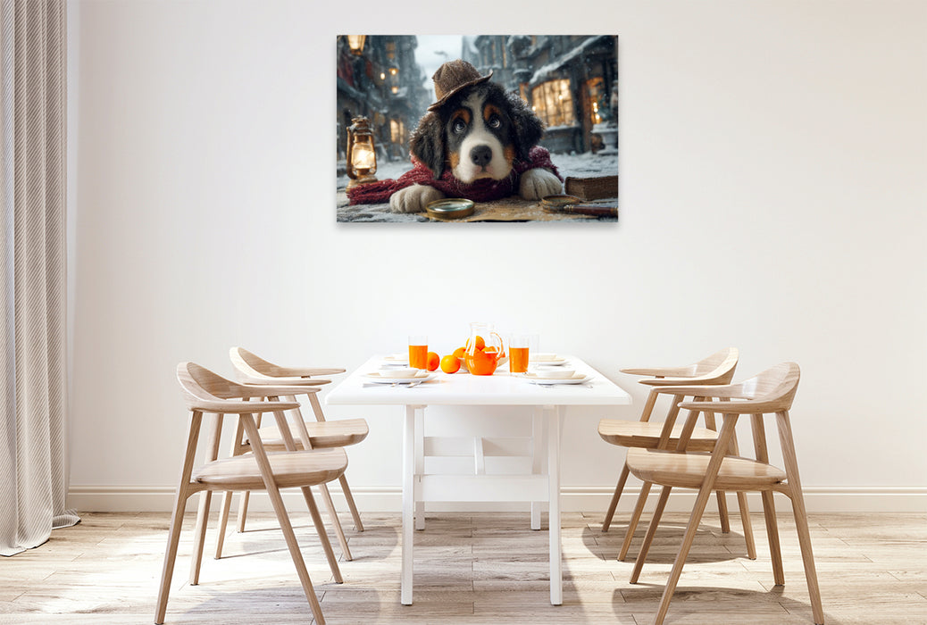 Premium Textil-Leinwand Berner Sennenhund als Detektiv im verschneiten Altstadtviertel
