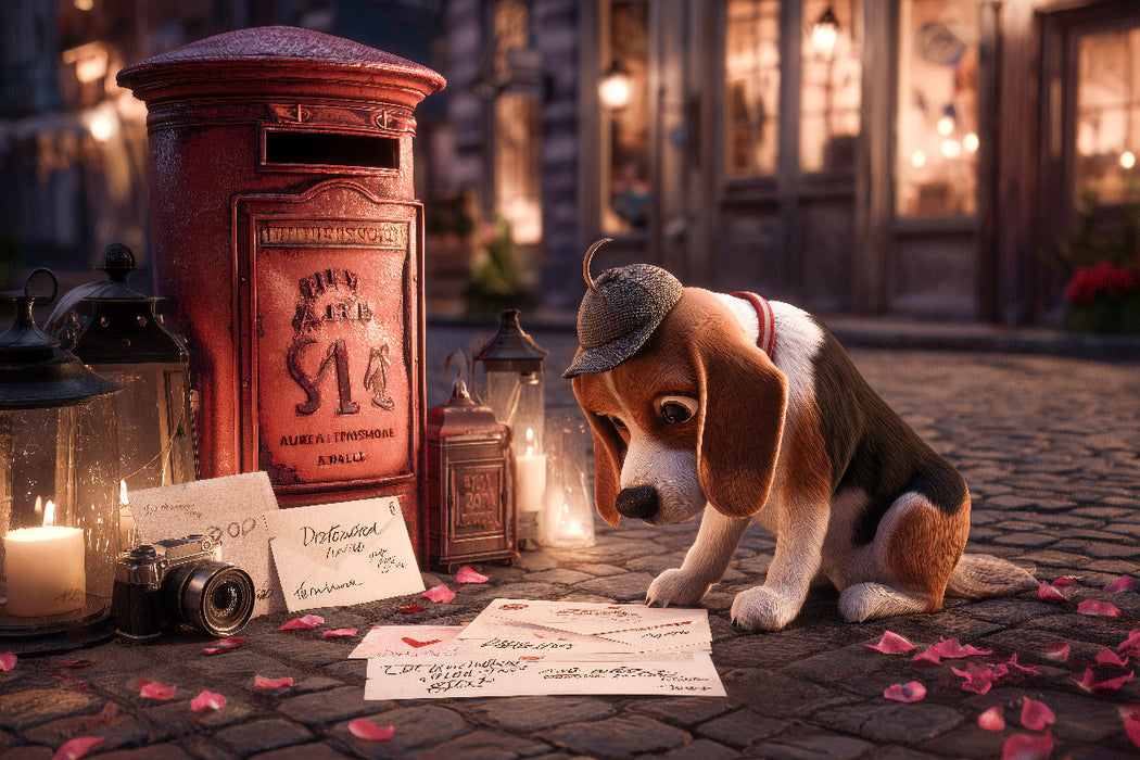 Premium Textil-Leinwand Detektivhund auf Spurensuche vor rotem Briefkasten