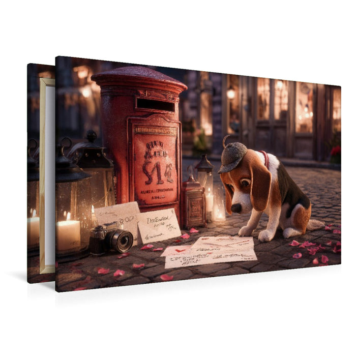 Premium Textil-Leinwand Detektivhund auf Spurensuche vor rotem Briefkasten