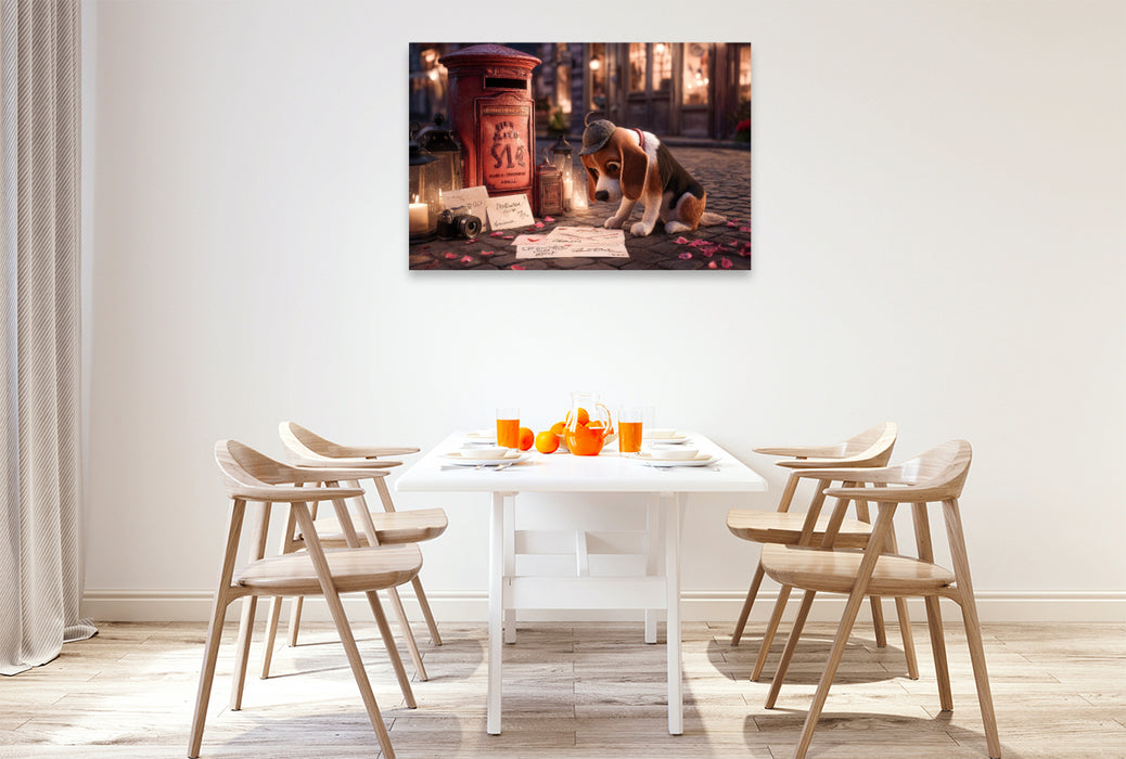 Premium Textil-Leinwand Detektivhund auf Spurensuche vor rotem Briefkasten
