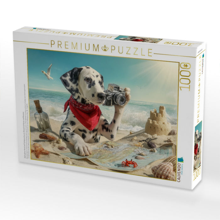 Dalmatiner Hund auf Schatzsuche am Strand mit Karte und Kamera - CALVENDO Foto-Puzzle'