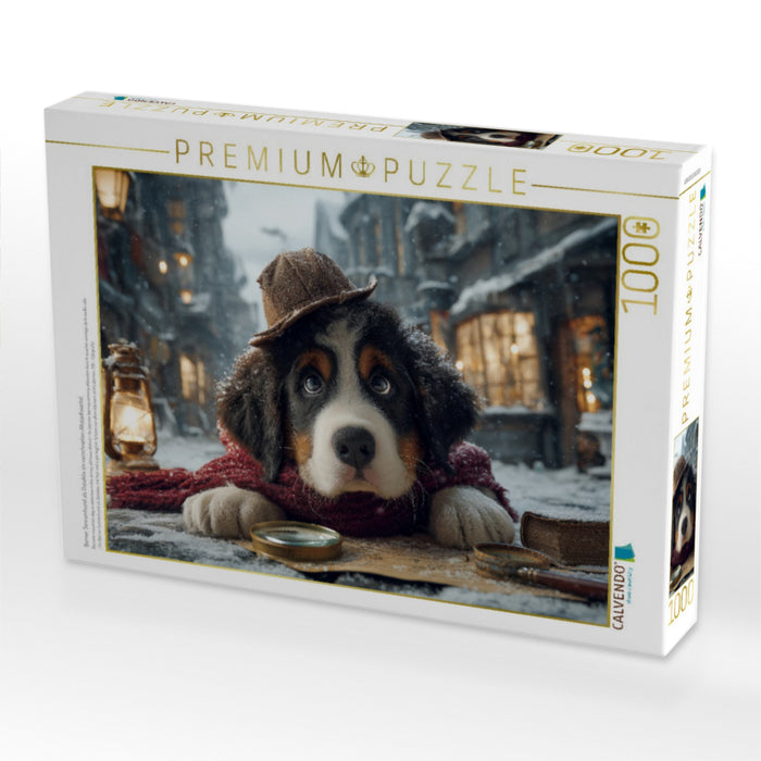Berner Sennenhund als Detektiv im verschneiten Altstadtviertel - CALVENDO Foto-Puzzle'