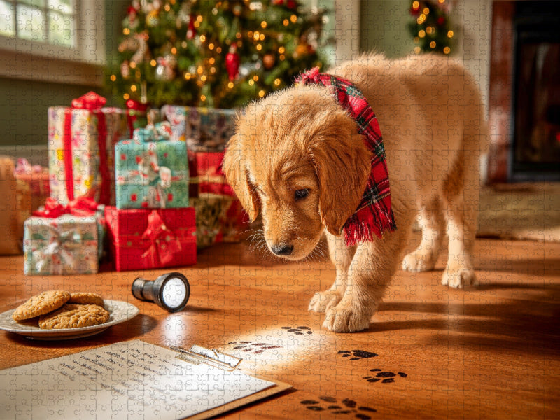 Weihnachtswelpe auf Spurensuche vor dem Christbaum - CALVENDO Foto-Puzzle'