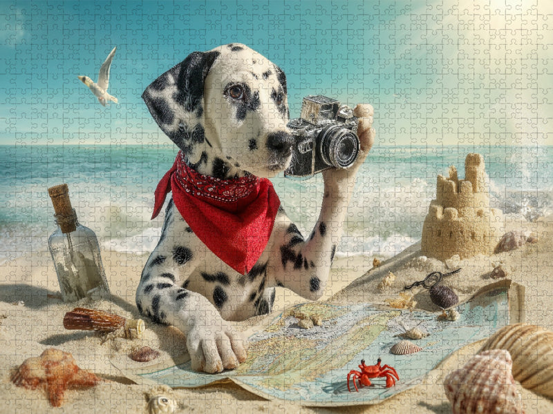 Dalmatiner Hund auf Schatzsuche am Strand mit Karte und Kamera - CALVENDO Foto-Puzzle'