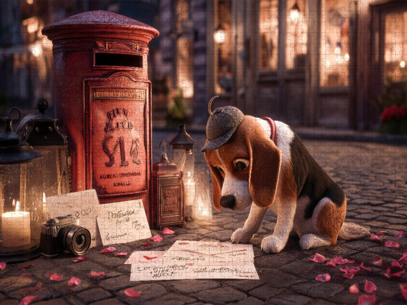 Detektivhund auf Spurensuche vor rotem Briefkasten - CALVENDO Foto-Puzzle'