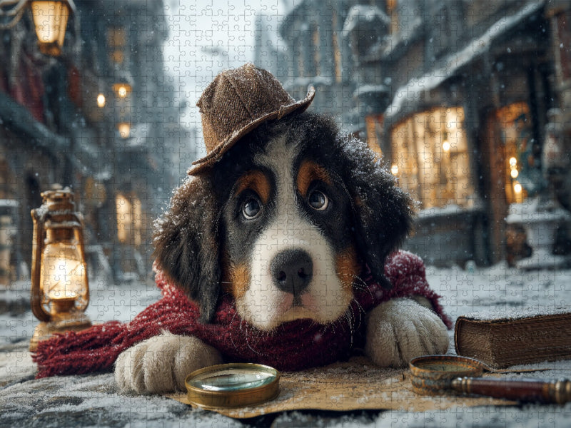 Berner Sennenhund als Detektiv im verschneiten Altstadtviertel - CALVENDO Foto-Puzzle'