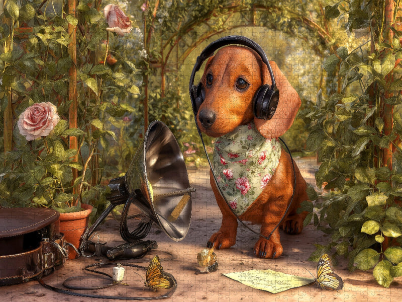 Dackel mit Abhöranlage im Rosengarten auf geheimer Mission - CALVENDO Foto-Puzzle'