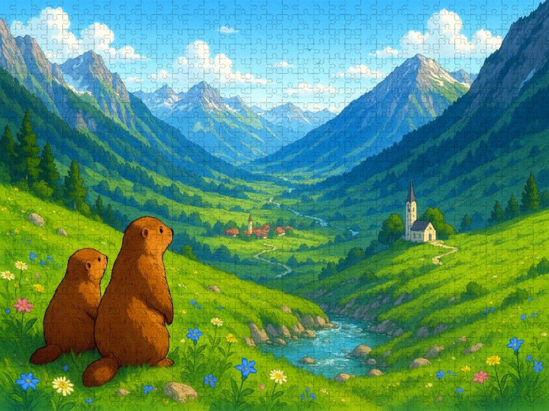 Murmeltiere mit Blick ins Tal - Anime Alpen - CALVENDO Foto-Puzzle'