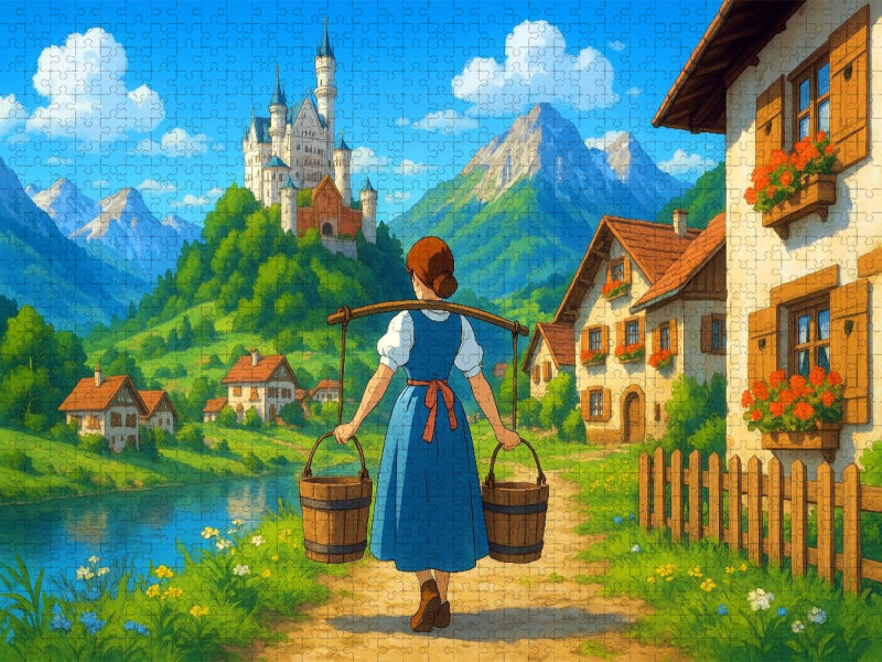 Dorfidylle und Märchenschloss - Anime Alpen - CALVENDO Foto-Puzzle'