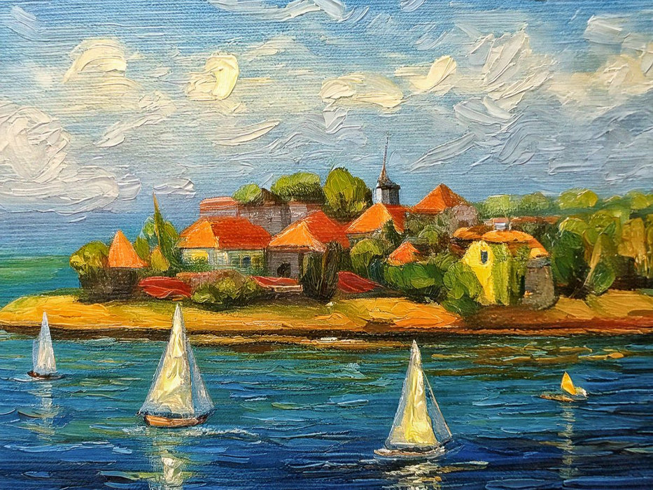 Dorf auf einer Halbinsel in einem großen See - CALVENDO Foto-Puzzle'