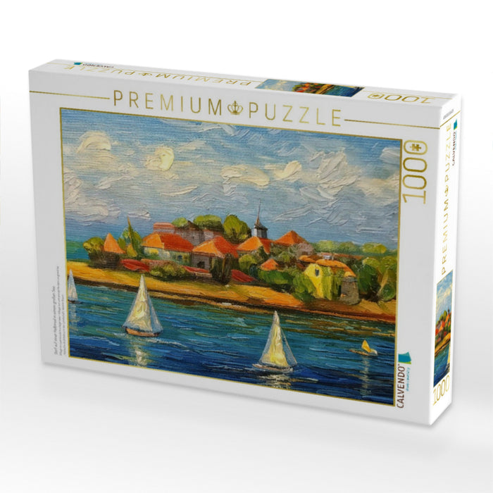 Dorf auf einer Halbinsel in einem großen See - CALVENDO Foto-Puzzle'