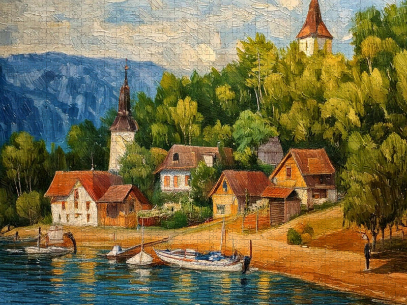 Dorf an einem kleinen Badesee - CALVENDO Foto-Puzzle'